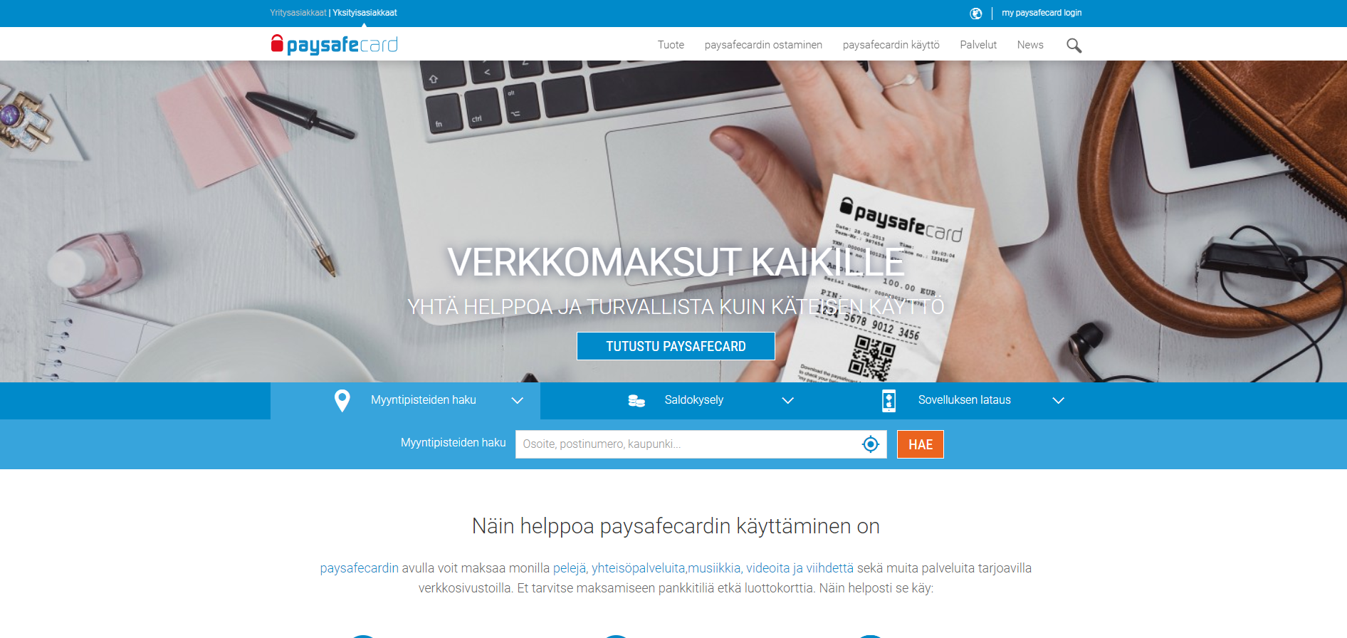Paysafecard on maksutapa, joka toimii monilla kasinoilla. Ostat vain paysafe cardin ja maksat sen koodilla kasinolla.
